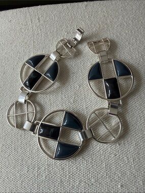 Silver Tone Linked Panel Bracelet w/Geometric Openwork & Dark Blue Marbled Inlay